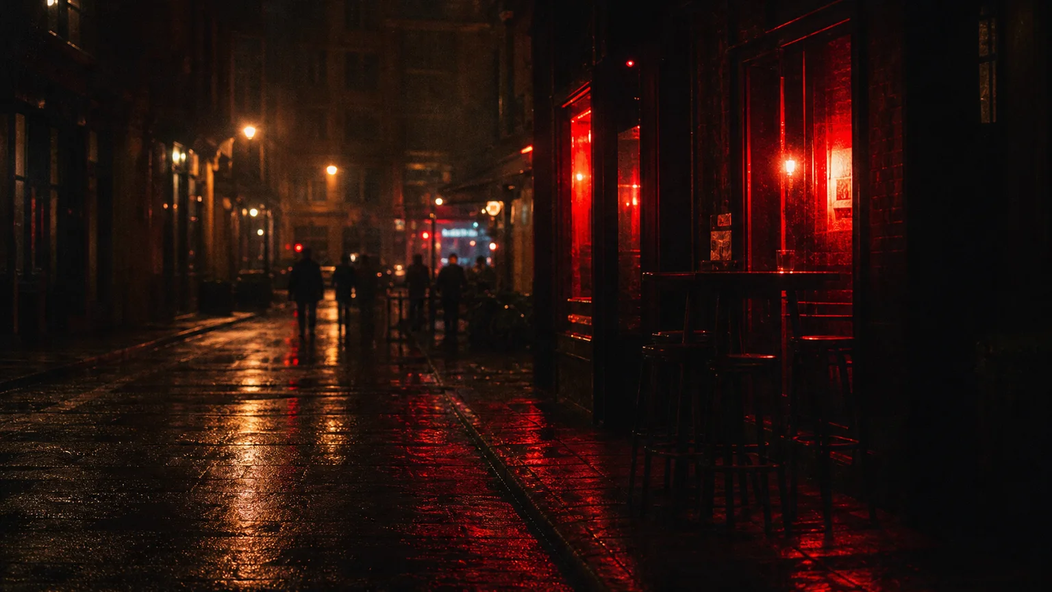 Wet neon street scene with anonymous silhouettes and uneasy red glow