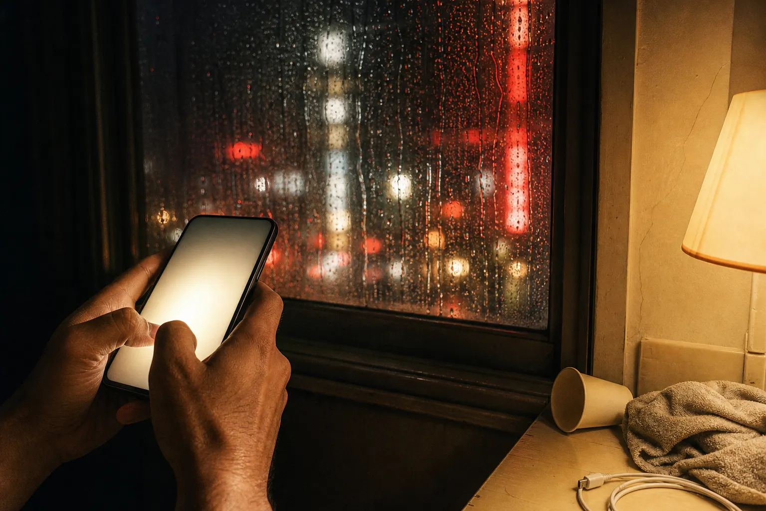 Hands holding a glowing phone in a dark Japanese hotel room with rain on the window