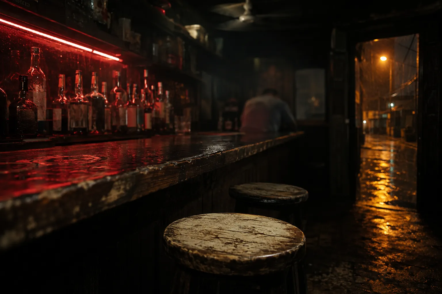 Empty stools along a dark Makati bar counter in Manila lit by a red neon tube at night