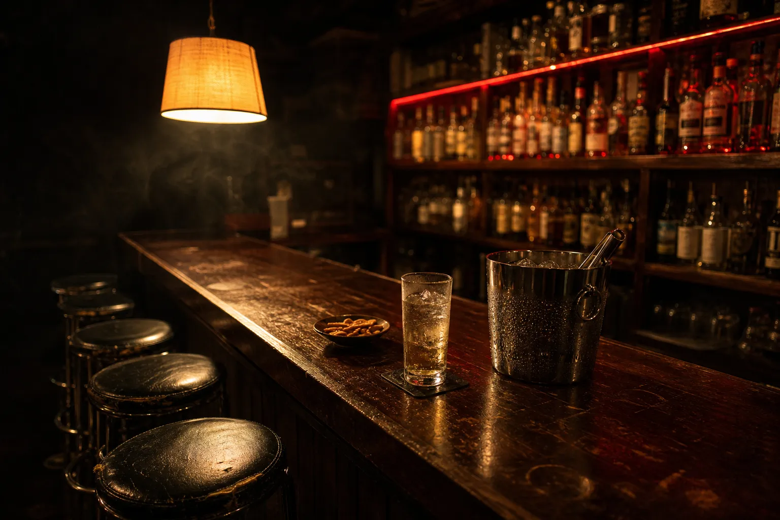 A dark bar counter with worn leather stools, a highball and an ice bucket under a single lamp