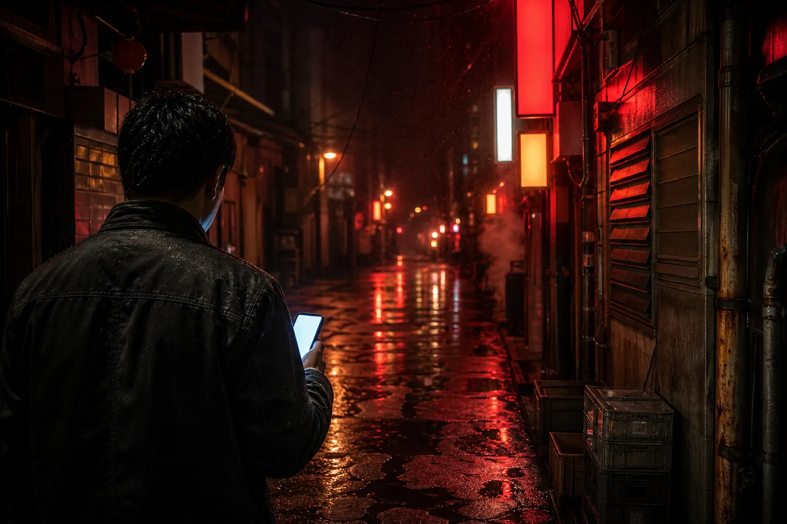Man seen from behind in a Japanese nightlife alley lit by the screen of his phone